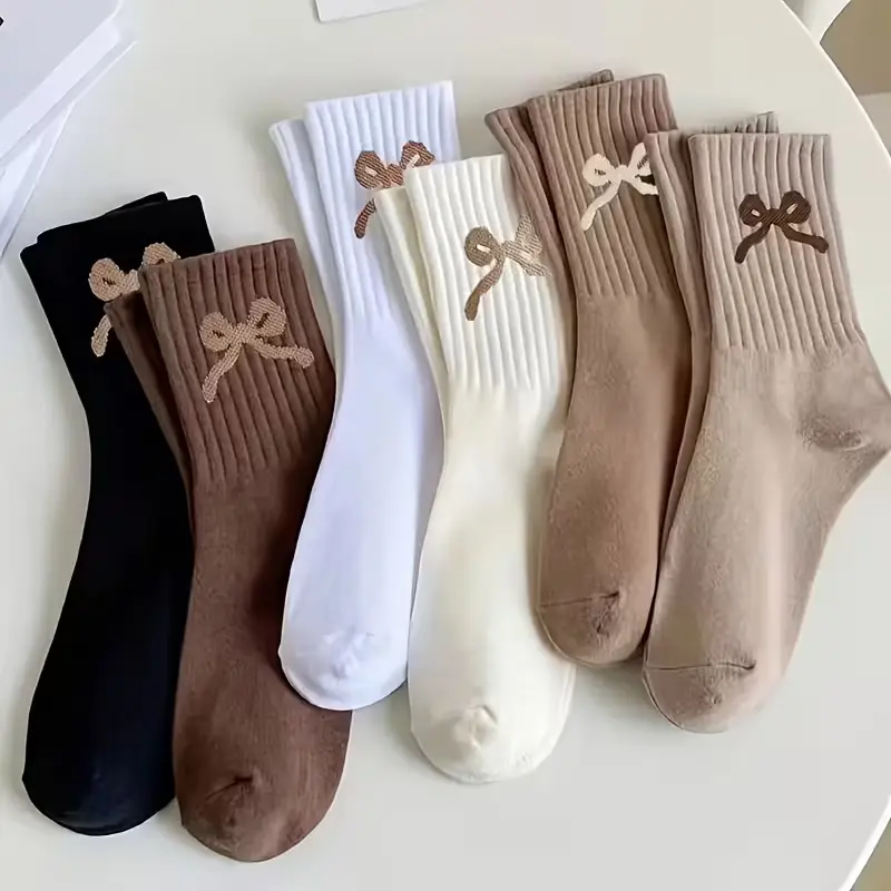 Women's Synthetic Mid-Calf Socks - 6-Pair Set with Jacquard Bow, Novelty Style, Suitable for Sports & Casual Wear, Novelty Style Mid-Calf Socks
