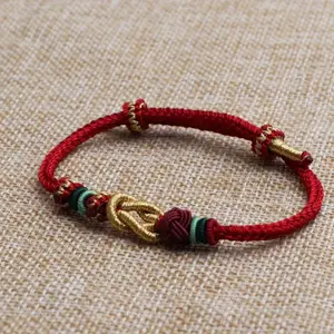 Red Rope Bracelet for Men and Women, Golden Lucky Beads DIY Braided Wristband Gift, Classic Chinese Style