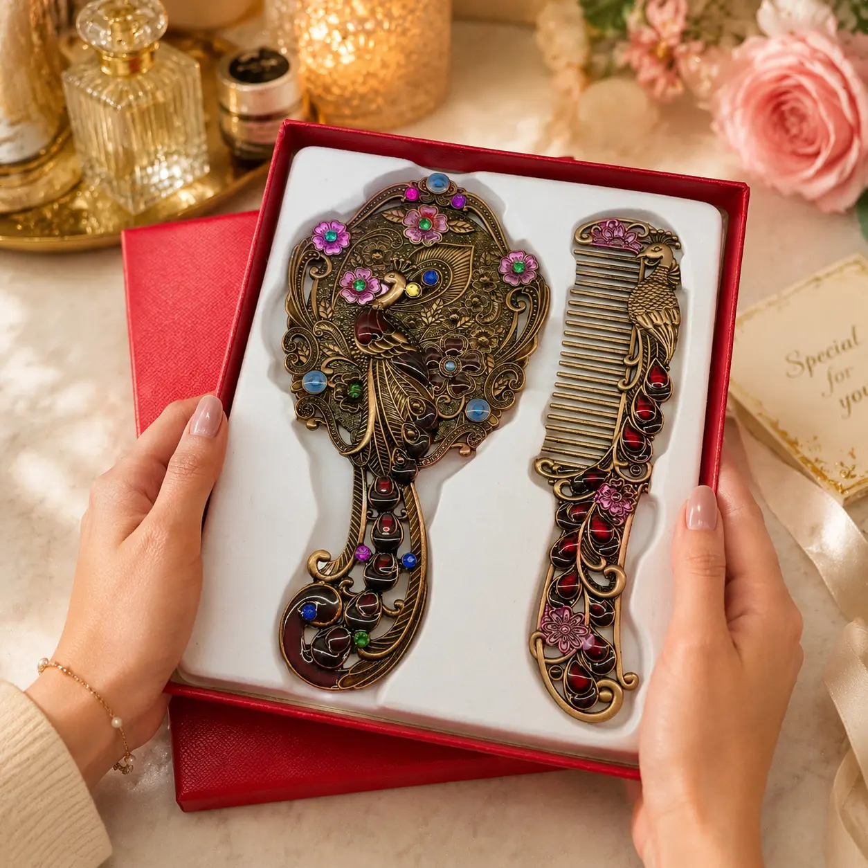 Vintage Handheld Mirror And Hair Comb Set, Enamel Peacock Butterfly Metal Craft With Inlaid Rhinestones, Portable Decorative Cosmetic Accessory For Daily Grooming Wedding Preparation And Holiday Gift‑Giving Occasions