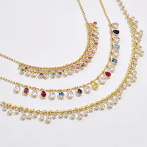 KissYan Cubic Zirconia Charm Necklace for Women, 14K Gold Plated Beaded Choker Rainbow White CZ Necklaces Dainty Summer Jewelry Gift