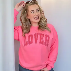 Valentine's Lover Graphic Sweatshirt - Soft Safety Pink Unisex Top with LOVER Collegiate Block Font for Valentine's Day