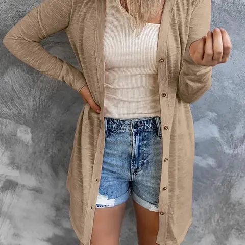 Women's Solid Color Lightweight Breathable Casual Basic Fitted Sun Protection Button Front Knitwear Cardigan, Stylish Daily Wear Outerwear, Casual Cardigan Top, Womenswear
