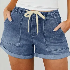 Women Beach Lightweight Summer Jean Shorts Casual Baggy Drawstring Elastic Waist Roll Up Hem Comfy Vacation Cowgirl Outfits Denim Shorts