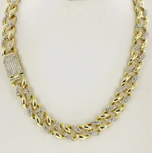 Italian Gold Filled Full Stone Lock Cuban Necklace 13mm 28 Inches Hypoallergenic Nickel Free for Adults