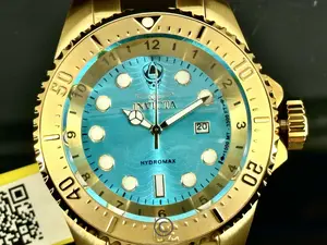 Invicta Hydromax Aqua Blue 52mm Dial All Gold Tone SS Bracelet Watch with Quartz Movement Luminous Hands for Men Women Classic Analog Display