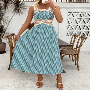Holiday Casual Printed Patchwork Woven Belt Sleeveless Hollow Out Dress Maxi Vacation Beach Outfits Women Womenswear Fabric Zipper Summer