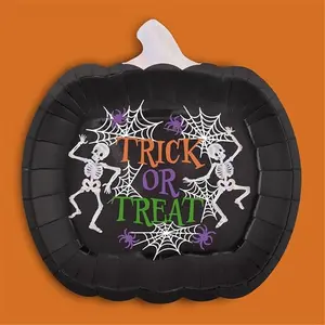 xo, Fetti Halloween Trick or Treat Pumpkin Plates - 25 pk, 9" | Happy Halloween Party Decorations, Spiderweb Supplies, Spooky Tableware, Cake Plates