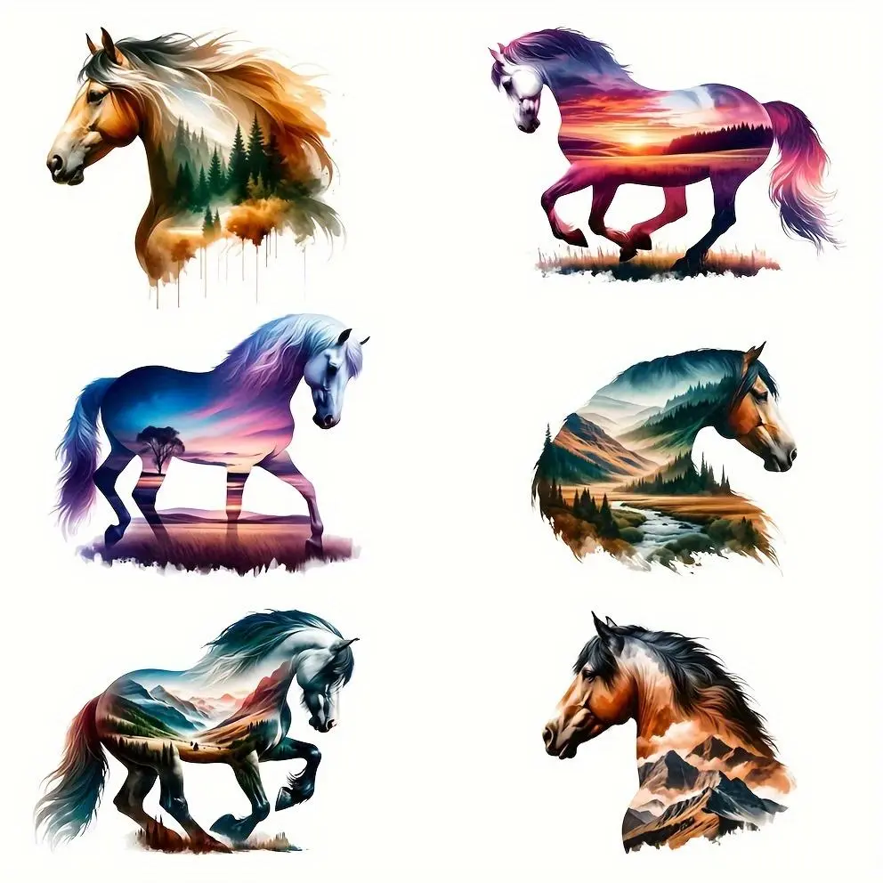 Horse Pattern Art Heat Transfer Sticker, 6 Counts/set DIY Clothing T-shirts Jeans Backpacks Heat Transfer Sticker, DIY Clothing Accessories, DIY Material