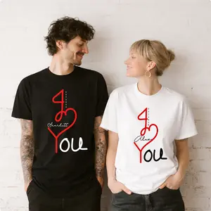 Unisex Couple's Valentine Custom "I Love You" Name & Date Matching Short-Sleeve Round-Neck Print T-Shirt Set, Fit Daily Casual Wear, Soft Comfortable Fabric, Romantic Personalized Vibe