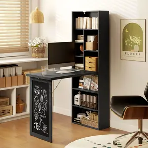 Black wall-mounted foldable multifunctional desk with chalkboard and side shelves features slim folded depth ideal for home office use in small apartments