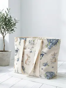 1 piece of blue rabbit and blueberry pattern 2D printed tote bag, large capacity space|Commuting/shopping/working all-purpose|Carry the gentleness and faith of Easter in your hands, Easter