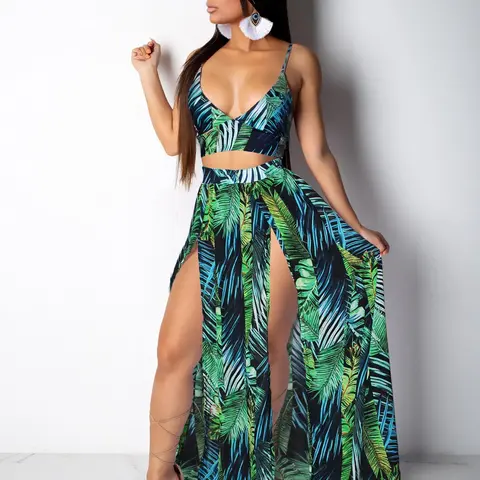 Women's Leaf Print Crop Cami Top & Split Hem Skirt Two-Piece Set, Bohemian Casual Outfit for Beach Holiday Vacation, Ladies Summer Clothes, Top And Skirt Set