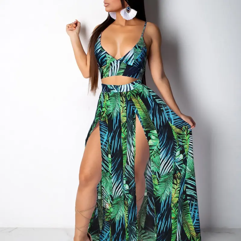 Women's Leaf Print Crop Cami Top & Split Hem Skirt Two-Piece Set, Bohemian Casual Outfit for Beach Holiday Vacation, Ladies Summer Clothes, Top And Skirt Set