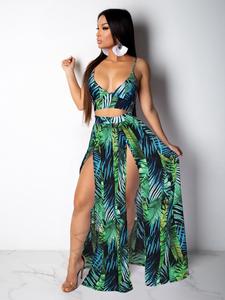 two-piece set women's leaf print sleeveless crop cami top & split hem skirt set, bohemian boho casual two-piece outfits for beach holiday vacation, ladies summer clothes, womenswear, spaghetti strap  vacation sets