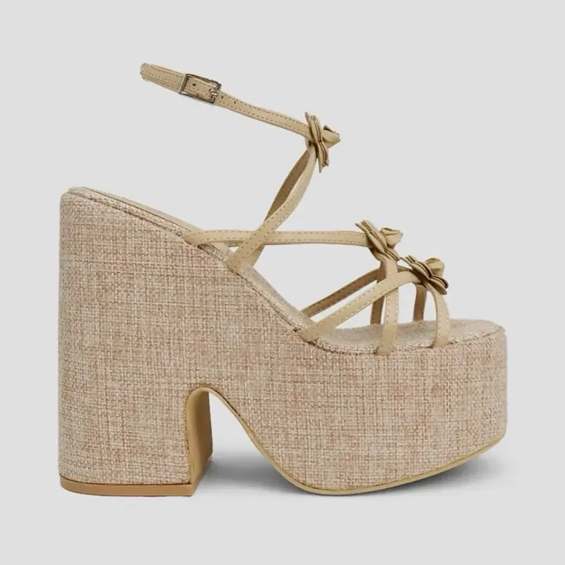 Raffia Wedge Heels, Flower-Detailed Design, Adjustable Ankle Strap for Women