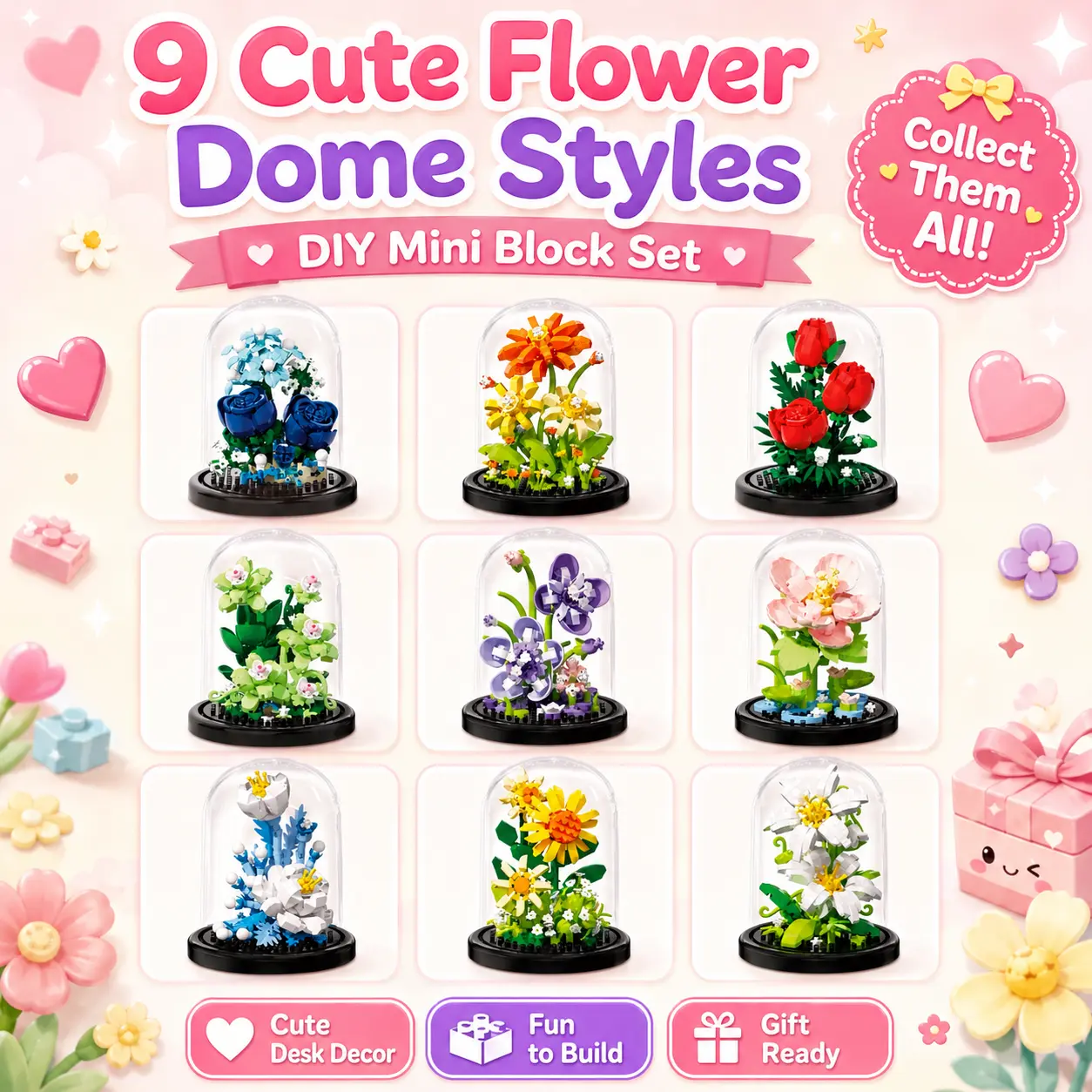 Mini Flower Dome Building Blocks - Creative Micro Brick Toy for Kids and Adults Floral Display Set with Clear Cover Ideal for Decoration or Gift