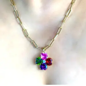 Gold Filled 14K Paper Clip Necklace with Flower Multicolor Zirconia Pendant 20”+2.5” Ext.