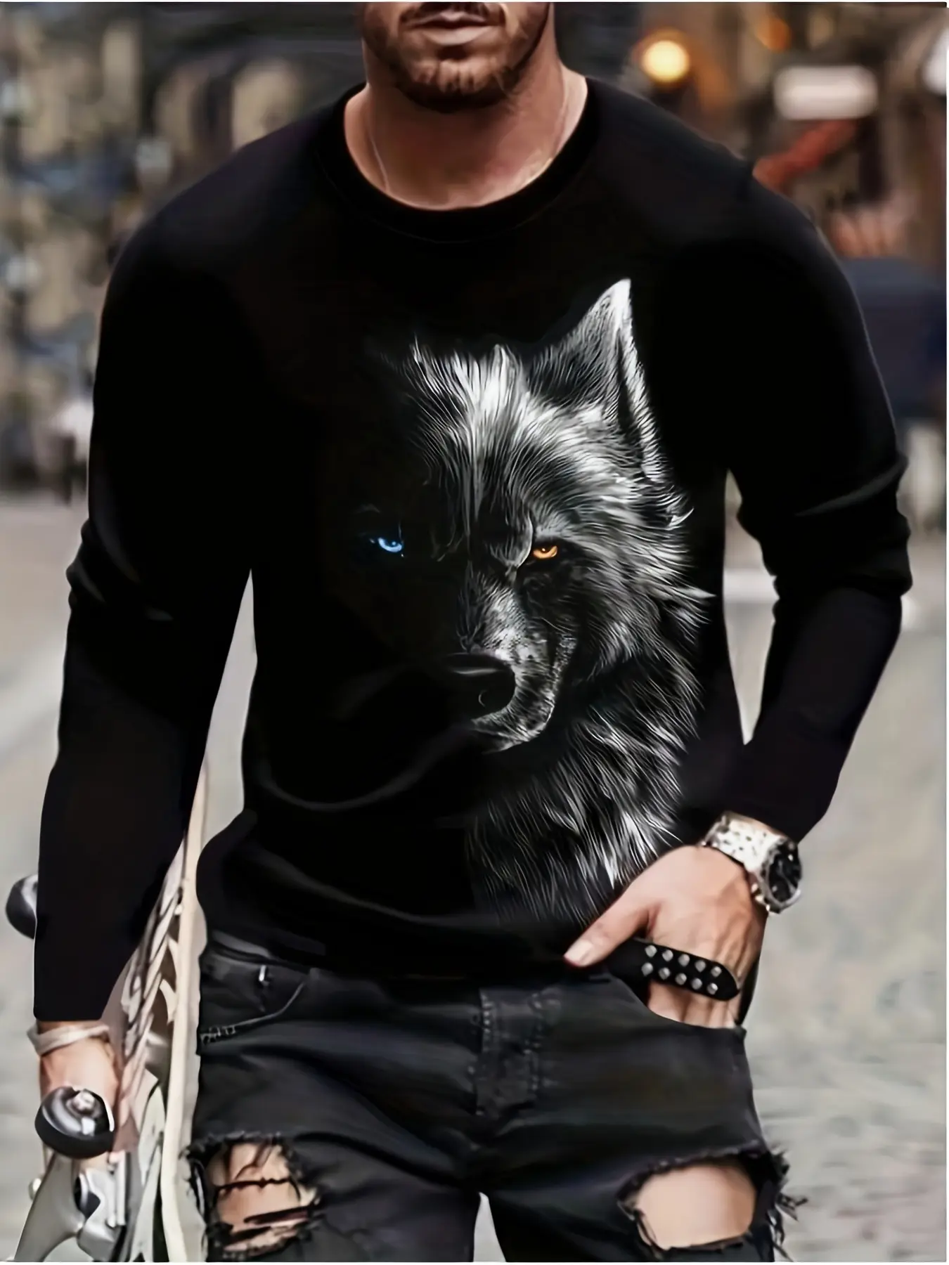 Men's Casual Long Sleeve T-Shirt with Wolf Face Print, Soft Polyester Fiber, Round Neck, Perfect for Leisure Wear and Skateboard Enthusiasts