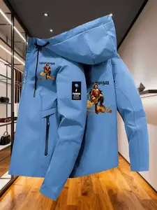 Men's Captain Morgan Print Zip Hooded Jacket, Windproof Warm Casual Outerwear S-Xxxl, Spring & Fall Slim Fit Polyester Coat