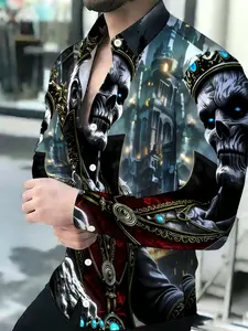 Men's Gothic Vampire Skeleton Print Breathable Lapel Long-Sleeve Cardigan