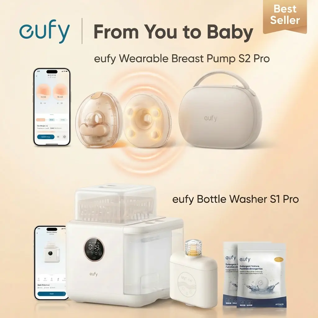 NEW eufy S2Pro Bundle of S2Pro Breast Pump & S1Pro Bottle Washer ,Leading HeatFlow Tech, App-Controlled OptiRhythm, Hospital-Grade Suction, Built-in Water Softener, HydroBlast Washer, 212°F Steam Sterilizer & Thoroughly Fast Dryer, 10-Bottle Capacity,