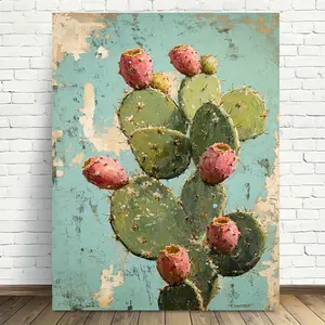 Cactus Girly Printable Wall Art, Prickly Pear Cactus Canvas Art with Wooden Frame - Modern Vintage Design,Trendy WesternDesert Print, Preppy Room Decor, VintageCactus Poster, Mexico Wall Art