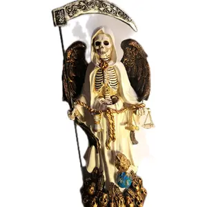 Santa Muerte Statue 13 Inch with Wings and Scale Detailed Gold Accents and Scythe Ornament