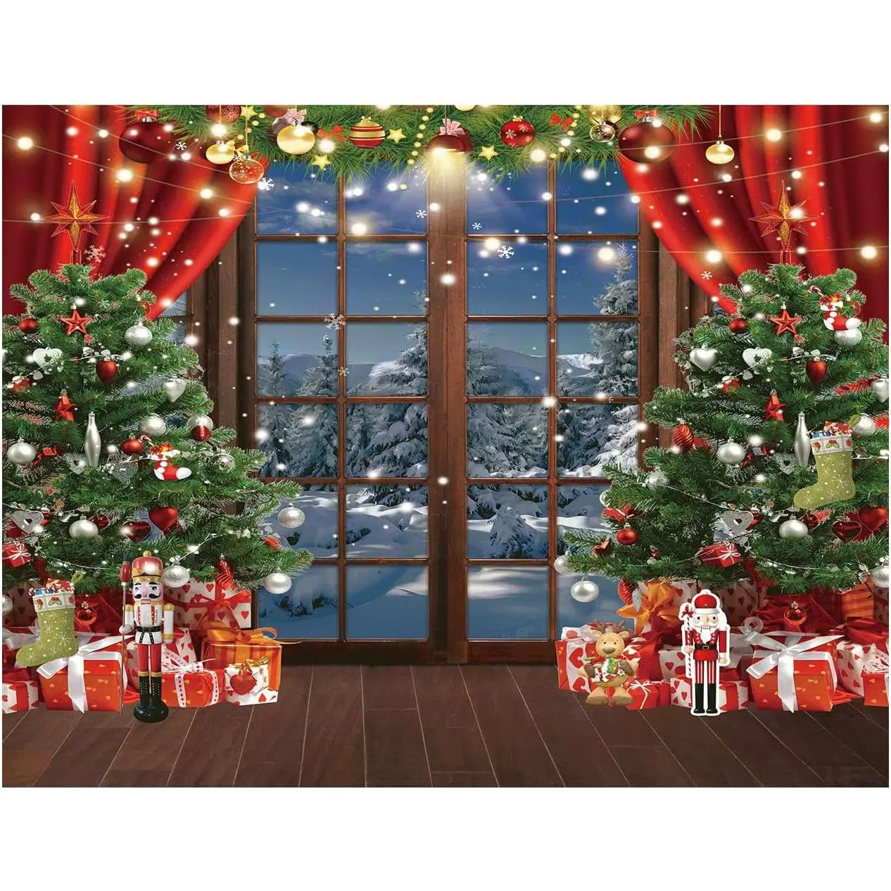 Christmas Photo Backdrop 7x5FT Winter Window Tree Retro Wood Scene for Holiday Family Party Studio Decor Gift for Her