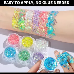 Teenitor 6 Colors Glow in The Dark Glitter Gel Easy to Apply No Glue Needed for Face Body Hair Carnival Makeup UV Black Light Party Raves Festivals