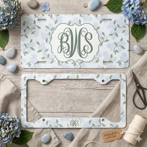 Combo Personalized Floral License Plate Frame, Custom Monogram Blue Hydrangea Vanity Plate, Elegant Blue Flower Car Accessories Gift for Her