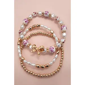 PINK CERAMIC PORCELAIN BOW MULTI LAYER BRACELET |