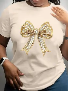 Crew Neck Short-sleeve T-shirt with Diamond Bow Print Design, Stylish & Comfortable for Casual Wear, Summer Essential Perfect for Daily Outfits, Ideal for Outings, Travel, Streetwear & Campus Looks