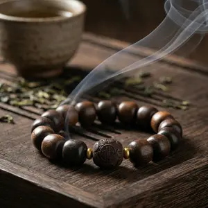 OrientalMind Dark Wood Barrel Beads Bracelet - Unisex Ethnic Costume Jewelry with Plant Motif, Daily Wear Symbolic Accessory for Wealth and Treasure