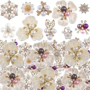 50 count Rhinestone Buttons Faux  Embellishments Buttons,Flat  Flower Rhinestone Charms for  Making DIY Wedding Bouquet, Decor Clothes Bag Shoes Craft Accessory