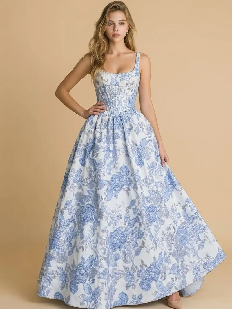 blue tight corset prom dress with flowers - TikTok Shop