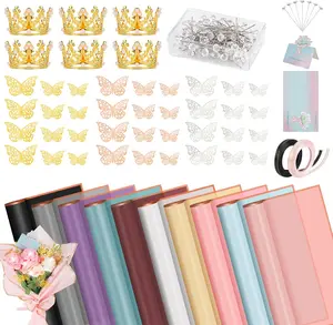 Flower Wrapping Paper, Bouquet Wrapping Paper Kits, Sheets Waterproof Flower Wrapping Paper, Floral Wrapping Paper Bouquet in Black Pink Beige With Ribbons, Flower Pins, 3D Butterflies & Crowns for Florist Wrap
