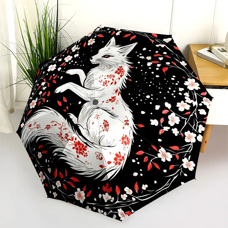 1 PC Automatic Folding Whimsical Outside Umbrella - Fox with Cherry Blossoms Pattern, Portable & Foldable Design with 8 Ribs, Merry Christmas Pattern,Casual Outdoor Accessory Halloween and Christmas Birthday Gifts. F00166