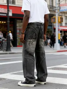 Men's Patchwork Embroidering Straight Leg Floral Jeans, Casual Comfy Loose Fit Denim Pants for Daily Wear, Fashion Men's Bottoms for All Seasons