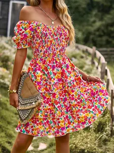 Women's Ditsy Floral Print Off Shoulder A Line Dress, Boho Puff Sleeve Shirred Ruffle Dress, Ladies Summer Dress for Beach Vacation Holiday