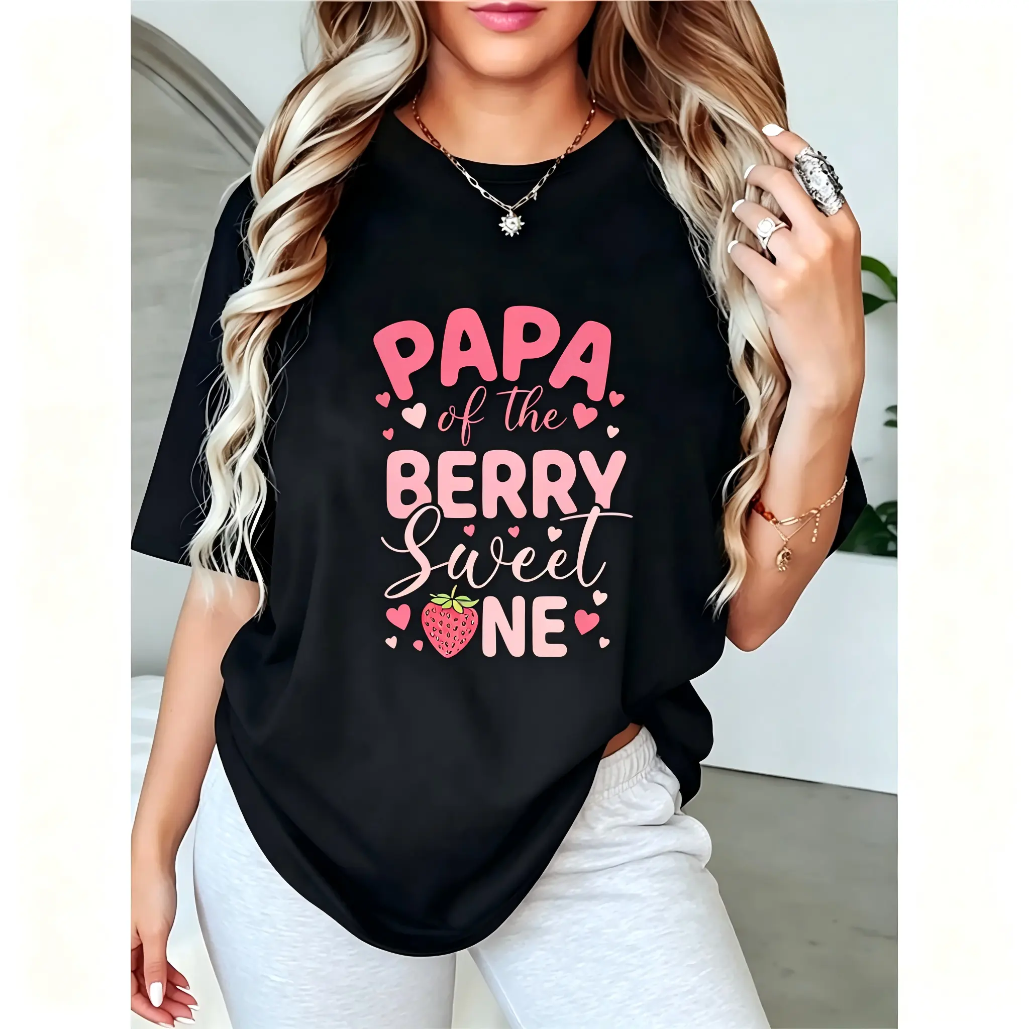 Women's Black T-Shirt with 'PAPA of the BERRY Sweet ONE' Strawberry & Hearts Print – Ideal for Father's Day, Family Gatherings, Casual Wear