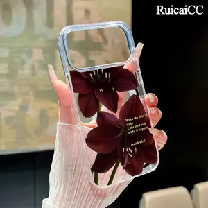 Magnetic Phone Case for iPhone 17 16 Pro Max Plus 15 14 13 12 11 Air Rich Burgundy Lily Pattern Anti-Yellowing Shockproof ultra-thin Silicone Crystal Transparent Acrylic Large Hole Cover Supports Wireless Charging