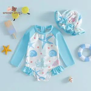 Baby Girls Rash Guard Swimsuit Rompers Starfish Octopus Print Long Sleeve Crew Neck Infant Bathing Suit with Swim Cap