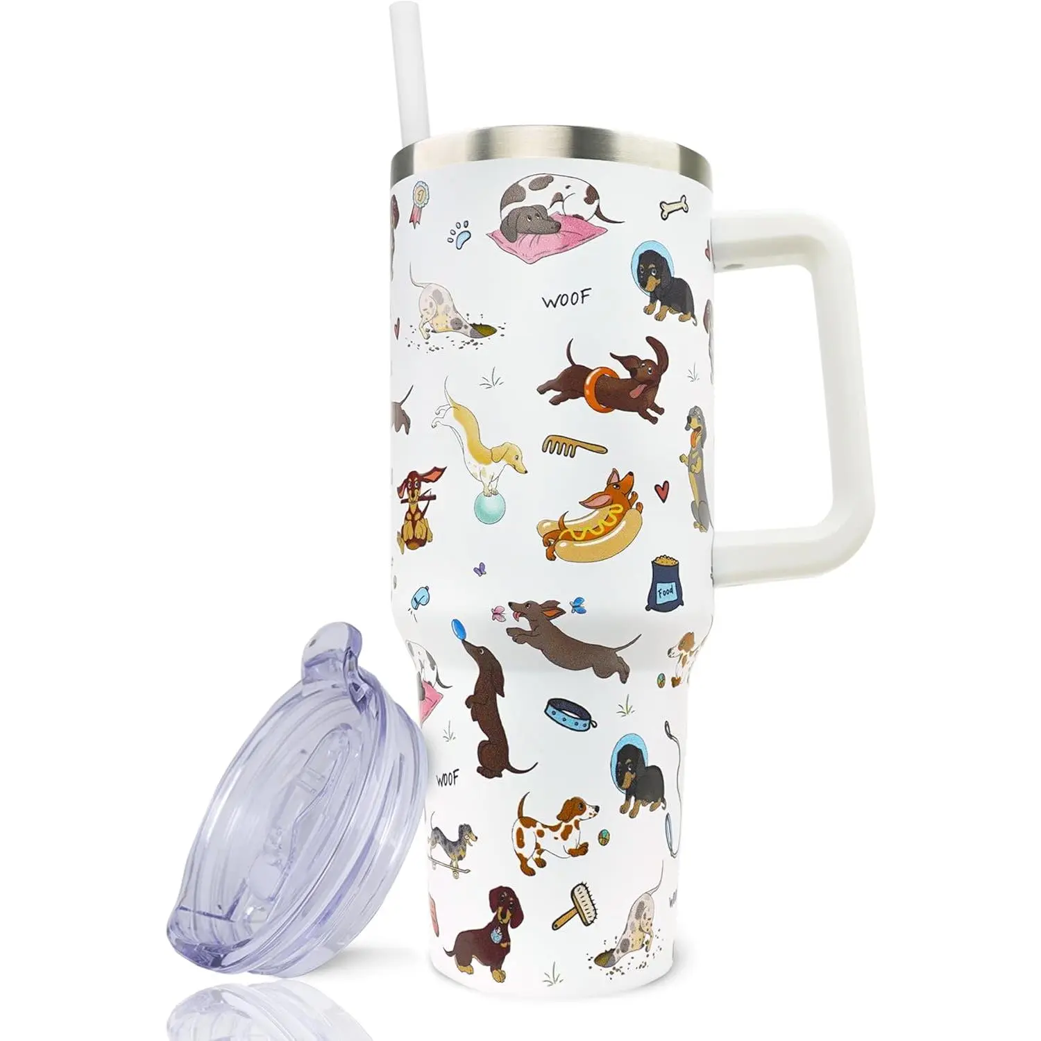 40 oz Portable Reusable Stainless Steel Insulated Dachshund Coffee Tumbler - Leak-Proof Vacuum Flask with Handle, Straw, Lid, Ideal Kitchenware Drinkware Gift for Dog Lovers, Flasks