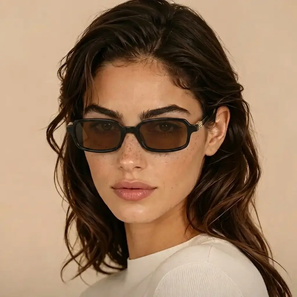 90s Rectangular Sunglasses for Women, Retro Style with Warm Tan Lens and Gold Metal Accent, Colorfast Anti-Slip Frame, Stylish Female Accessories OOTD Photo Prop