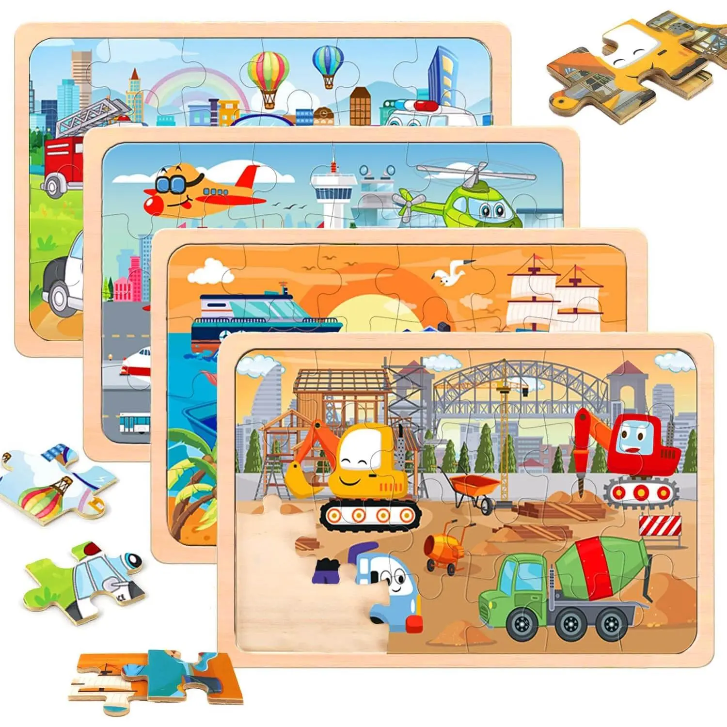 P-ITC039   Puzzles for Kids Ages 4-6,24 Pieces Wooden Puzzles for Toddlers Ages 3-5 4-8 3 4 5 6 3-4 Year Olds.4 Pack Car Puzzle Set Children Jigsaw Puzzles for Boys and Girls Educational Learning Toys
