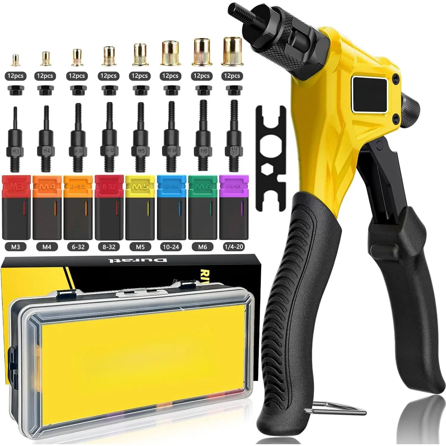 Rivet Nut Tool Kit, 8-Inch Hand Rivnut Tool for Tight Spaces, Nutsert Tool Kit with 96 count Rivnuts, 8 Metric & SAE Mandrels (M3-M6, 6-32, 8-32, 10-24, 1/4-20), Durable Carrying Case Included