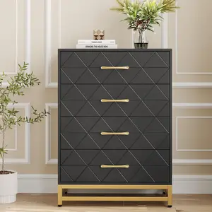 Black 4-Drawer Wooden Drawer Dresser Cabinet - Multifunctional MDF Board Storage Cabinet with Metal Legs, Easy-Setup Organizer for Bedroom, Multifunctional Storage Cabinet
