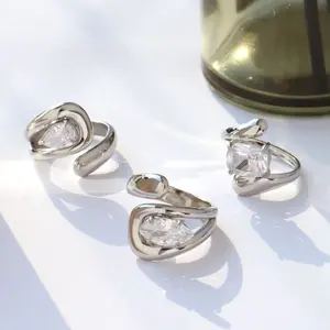 Plated Zircon Ring for Women, Stainless Steel Titanium Adjustable Fine Jewelry, Elegant Modern Aesthetic, Office Travel Anniversary Gift for Wife Sister Gold-Plated Striped Couple Stacking Minimalist