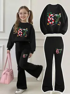 Girls' Christmas Candy Sweater Bell Bottoms Set, Sweatshirt with Holiday Print, Casual Breathable Comfort, All Seasons Fashion, Cute Clothing Set