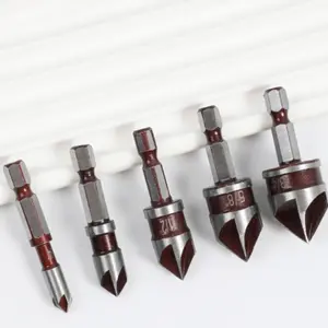 5-Piece Countersink Drill Set, Hex Shank Five-Flute Chamfering Tool, Hard Alloy, Titanium Coated, for Metal Wood Composite Material